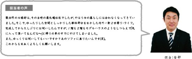 担当者の声 築30年のN様邸は、その当時の最先端住宅でしたが、やはり今の暮らしには合わなくなってきていました。そこで、ゆったりした空間としっかりした躯体部分を生かした内外一新2世帯リ・ライフ。完成してから久しぶりにお伺いしたんですが、1階も2階もモデルハウスのようなしつらえで「気に入って頂いてるんだな〜」と帰りの車の中でにやげてしまいました。また、ゆっくりお伺いしてもいいですか?あのソファに座りたいんです(笑)。これからも末永くよろしくお願いします。担当:安部