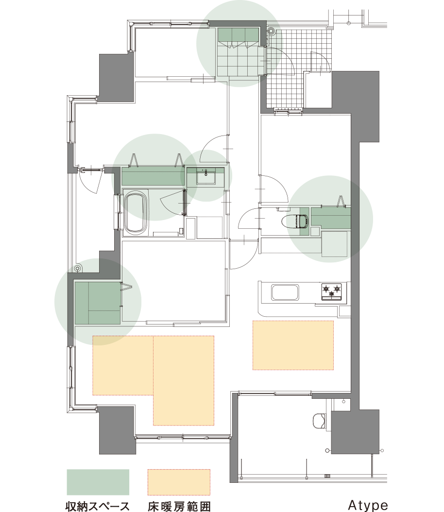 収納スペースと床暖房範囲