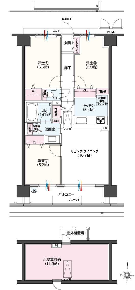 Hタイプ3LDK間取図