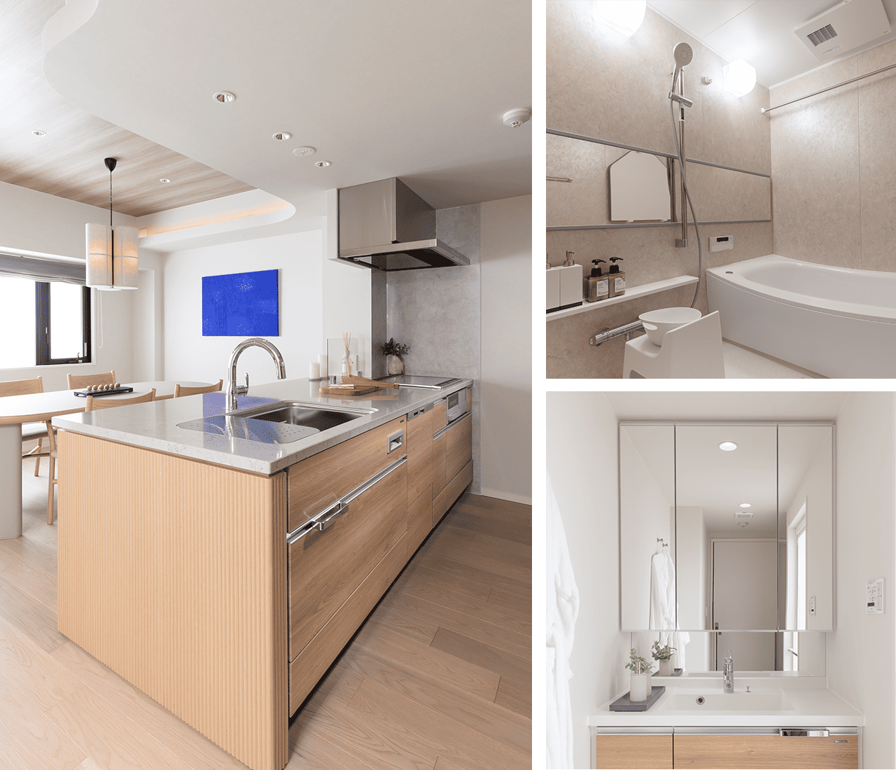 モデルルームのキッチン、バスルーム、洗面室の写真