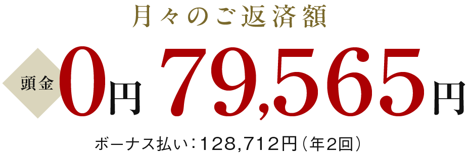Bタイプお支払例は、頭金0円、月々のご返済額79,565円、ボーナス128,712円（年2回）