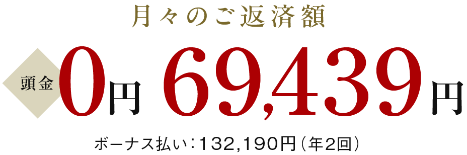 Iタイプお支払い例は、　頭金0円、月々ご返済額69,439円、ボーナス払い132,190円（年2回）