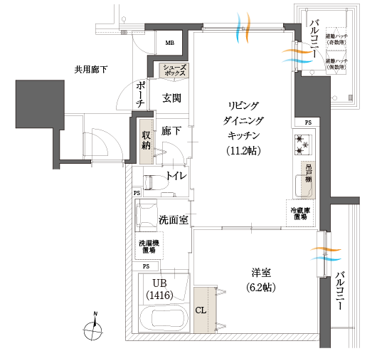 Hタイプ1LDK間取図