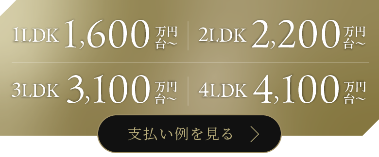 販売価格　1LDKは1,600万円台〜、2LDKは2,200万円台〜、3LDKは3,100万円台〜、4LDKは4,100万円台〜