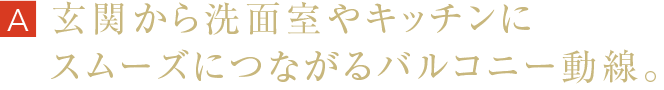 玄関から洗面室やキッチンにスムーズにつながるバルコニー動線。