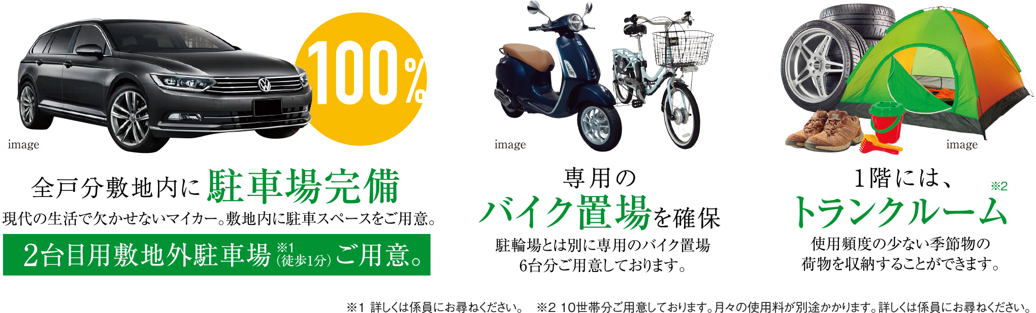 全戸分敷地内に駐車場完備。専用のバイク置場を確保。１階にはトランクルーム