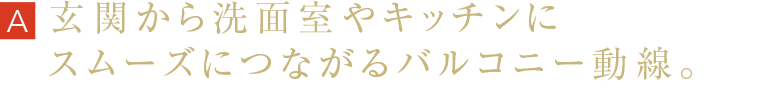 玄関から洗面室やキッチンにスムーズにつながるバルコニー動線。
