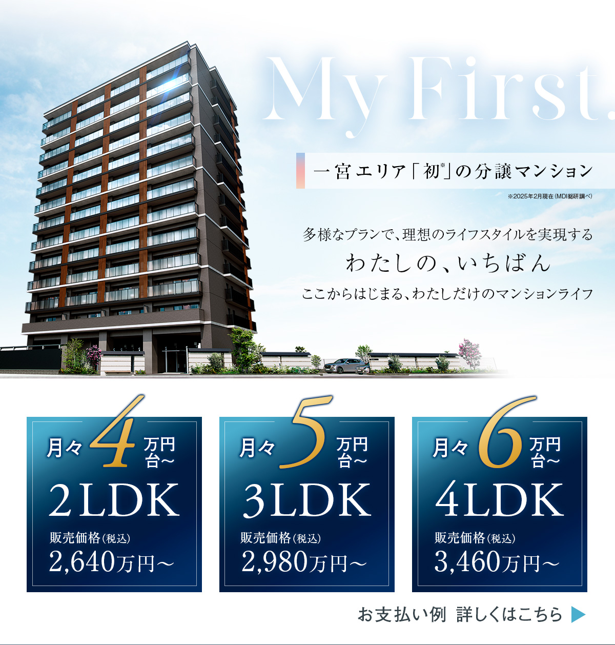 ビ・ウェル一宮　多様なプランで理想のライフスタイルを実現する。2LDK月々4万円台から、3LDK月々5万円台から、4LDK月々6万円台から