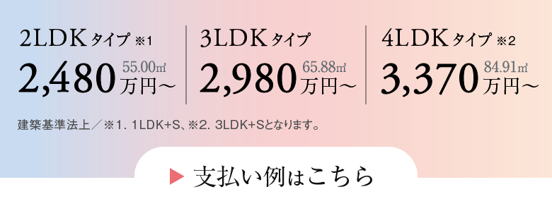 販売価格2LDKは2,480万円台から、3LDKは2,980万円台から、4LDKは3,370万円台から、