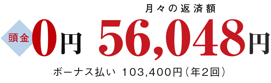 Bタイプ支払い例。頭金0円、月々の返済額56,048円、ボーナス払い 103,400円（年2回）