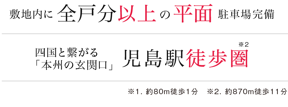 敷地内に全戸分以上の平面駐車場完備、児島駅徒歩圏内