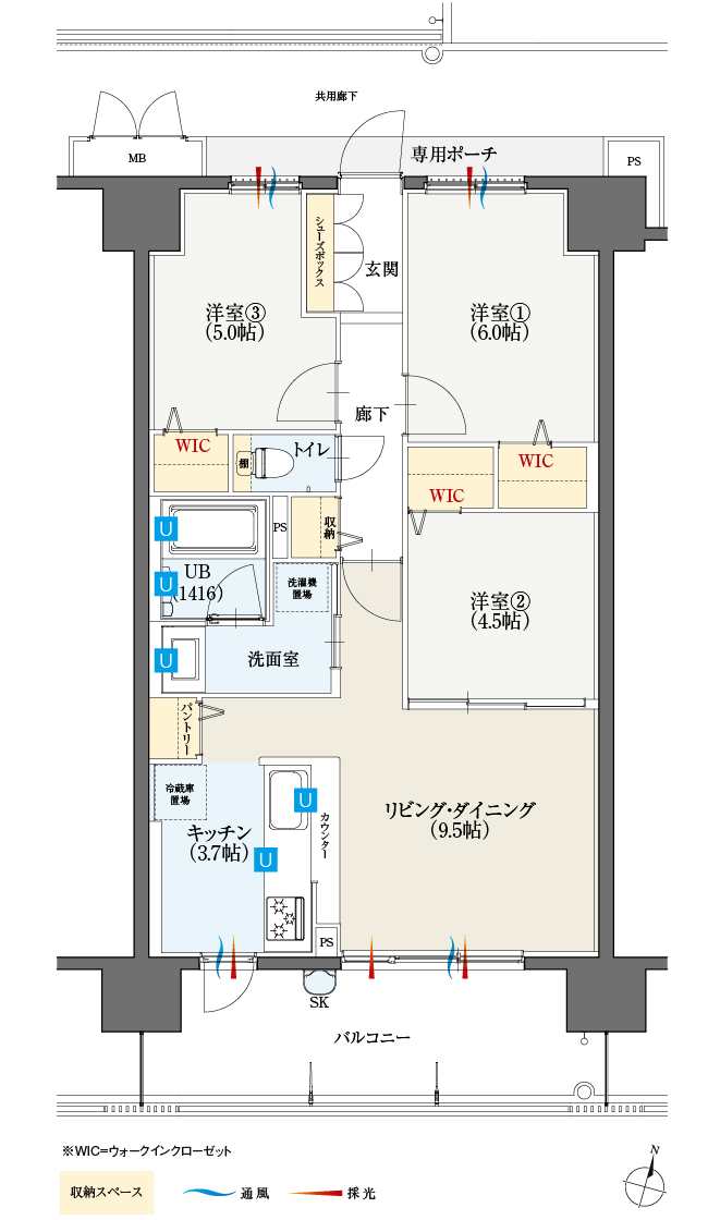 Bタイプ3LDK間取図　全ての居室にウオークインクローゼットを設置