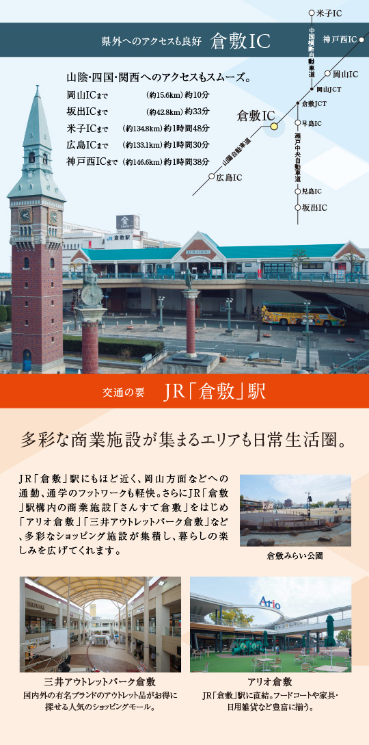 県外へのアクセスも良好の倉敷IC、交通の要・JR倉敷駅