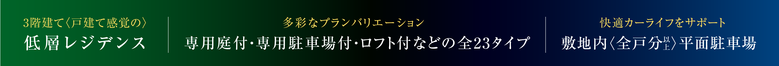 低層レジデンス、専用庭付・専用駐車場付・ロフト付などの全23タイプ、敷地内 全戸分以上の平面駐車場