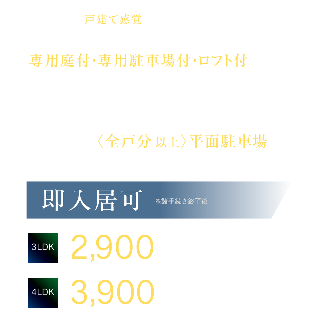 低層レジデンス、専用庭付・専用駐車場付・ロフト付などの全23タイプ、敷地内 全戸分以上の平面駐車場