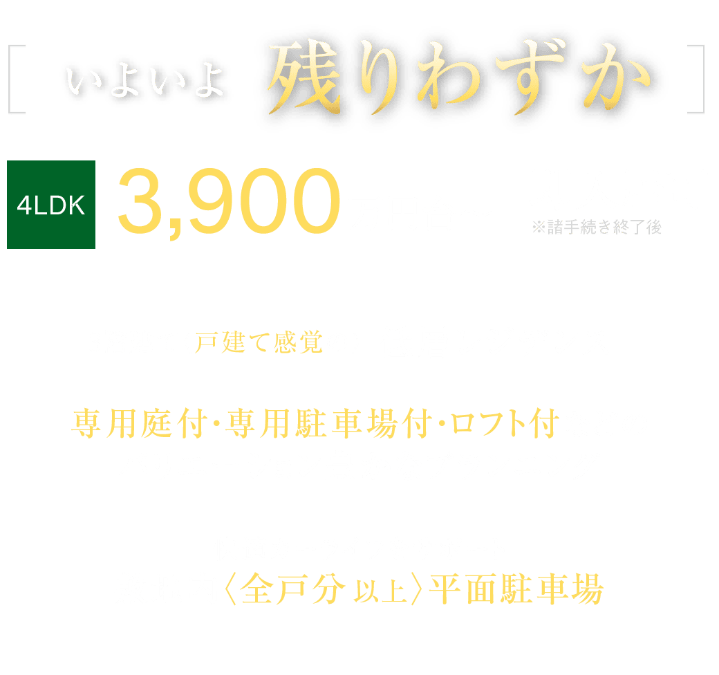 いよいよ残りわずか。4LDKが3900万円台から。低層レジデンス、専用庭付・専用駐車場付・ロフト付などの全23タイプ、敷地内 全戸分以上の平面駐車場