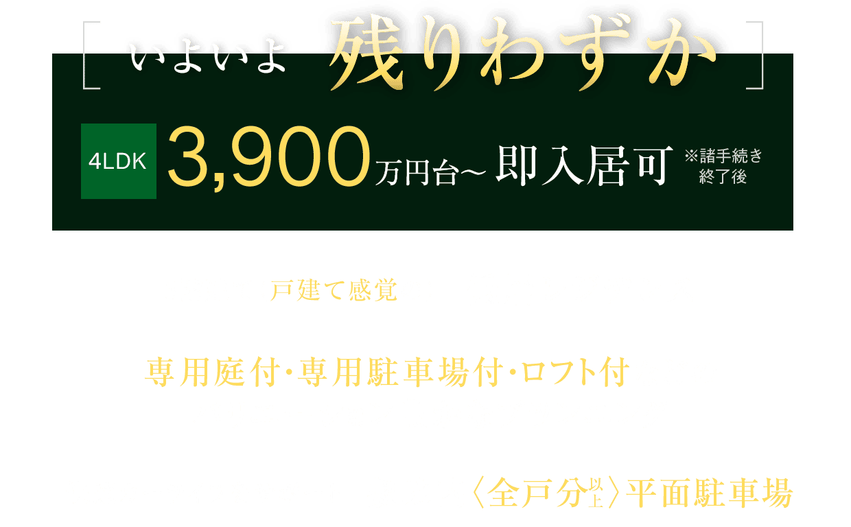 いよいよ残りわずか。4LDKが3900万円台から。低層レジデンス、専用庭付・専用駐車場付・ロフト付などの全23タイプ、敷地内 全戸分以上の平面駐車場