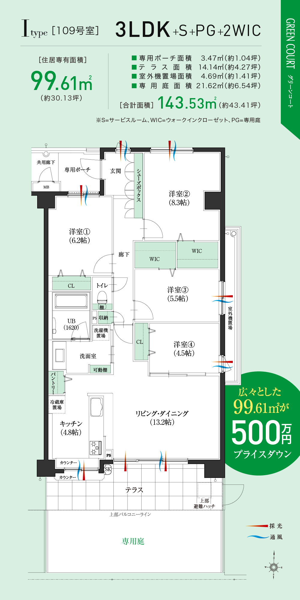 Iタイプ1階の3LDK+S+PG+2WICの間取図