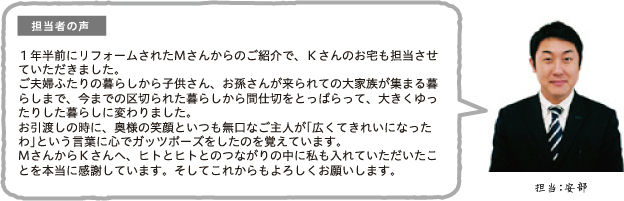 担当者の声 1年半前にリフォームされたMさんからのご紹介で、Kさんのお宅も担当させていただきました。ご夫婦ふたりの暮らしから子供さん、お孫さんが来られての大家族が集まる暮らしまで、今までの区切られた暮らしから間仕切をとっぱらって、大きくゆったりした暮らしに変わりました。お引渡しの時に、奥様の笑顔といつも無口なご主人が「広くてきれいになったわ」という言葉に心でガッツポーズをしたのを覚えています。MさんからKさんへ、ヒトとヒトとのつながりの中に私も入れていただいたことを本当に感謝しています。そしてこれからもよろしくお願いします。担当:安部