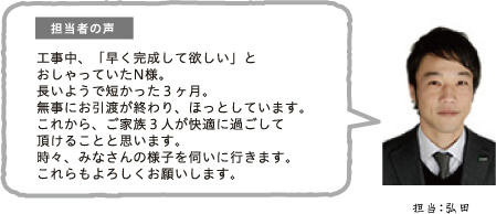 担当者の声工事中、「早く完成して欲しい」とおしゃっていたN様。長いようで短かった3ヶ月。無事にお引渡が終わり、ほっとしています。これから、ご家族3人が快適に過ごして頂けることと思います。時々、みなさんの様子を伺いに行きます。これらもよろしくお願いします。担当:弘田