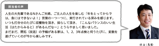 担当者の声 担当:馬舩 人生の大先輩であるNさんご夫婦。ご主人の人生を楽しむ「年をとってからでは、急にはできないよ!」言葉の一つ一つに、実行されている深みを感じます。いつも打合せのたびに収穫物を頂き、採らして頂き、「こんなバランスのいい生活(はたからみると)があるんだなー」とうらやましく思いました。まだまだ、開拓(改造)の予幅がある家は、1、2、3年点検と伺うたびに、変貌を遂げていくのが今から楽しみです。